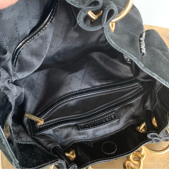 BCBGMAXAZRIA Black Suede Handbag Patent Leather & Gold Tone Chain Handle - Picture 8 of 13